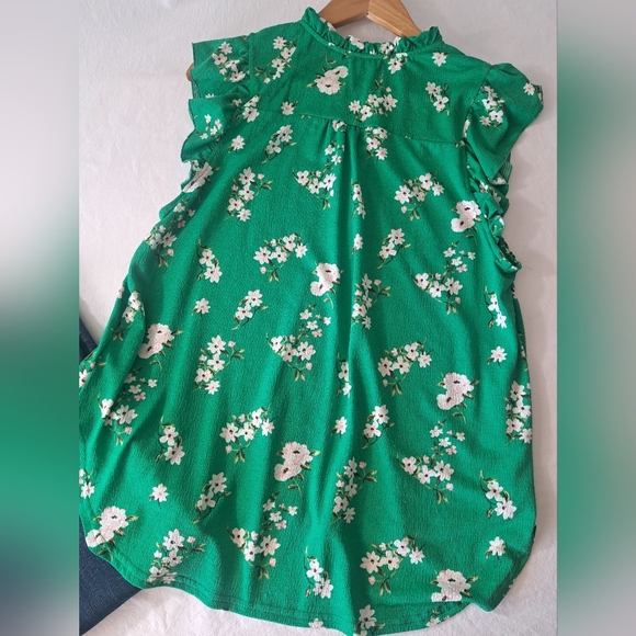 MELLODAY green floral short sleeve Flutter sleeve LARGE hi-low top - Picture 5 of 7